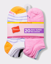 Hanes Girls' Super No Show Socks, Super Value Pack, 20-Pairs