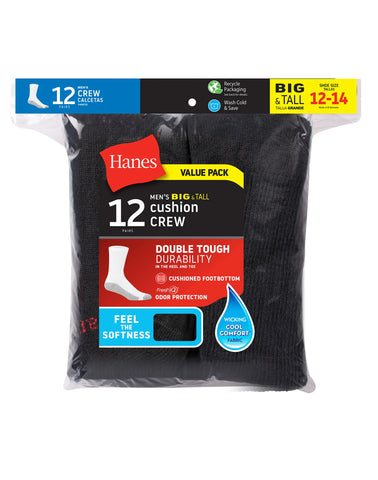 Hanes Double Tough Men's Crew Socks, Shoe Sizes 12-14, 12-Pairs