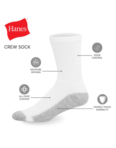 Hanes Double Tough Men's Crew Socks, Shoe Sizes 12-14, 12-Pairs