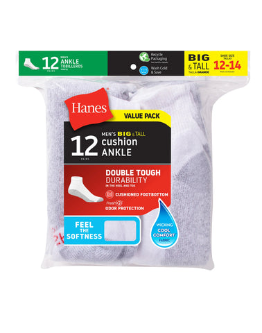 Hanes Double Tough Men's Ankle Socks, Shoe Sizes 12-14, 12-Pairs