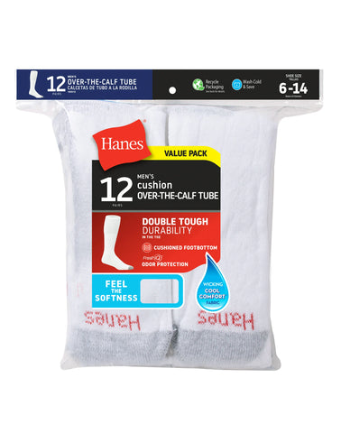 Hanes Double Tough Men's Over-the-Calf Tube Socks, Shoe Sizes 6-12, 12-Pairs