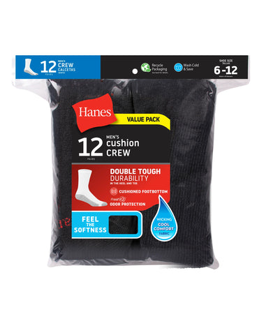 Hanes Double Tough Men's Crew Socks, Shoe Sizes 6-12, 12-Pairs
