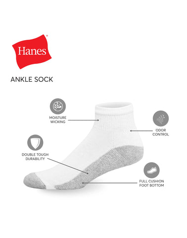 Hanes Double Tough Men's Ankle Socks, Shoe Sizes 6-12, 12-Pairs
