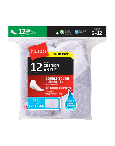 Hanes Double Tough Men's Ankle Socks, Shoe Sizes 6-12, 12-Pairs