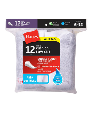 Hanes Double Tough Men's Low Cut Socks, Shoe Sizes 6-12, 12-Pairs