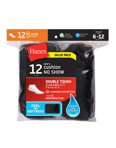 Hanes Double Tough Men's No-Show Socks, Shoe Sizes 6-12, 12-Pairs
