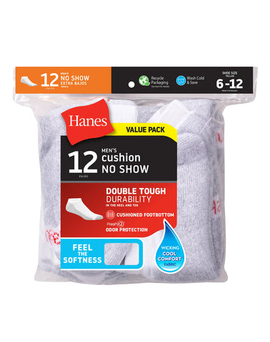 Hanes Double Tough Men's No-Show Socks, Shoe Sizes 6-12, 12-Pairs