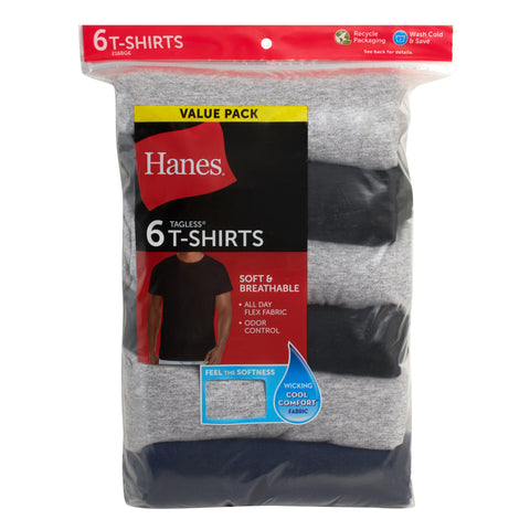 Hanes Men's T-Shirt Pack, Moisture-Wicking Stay-Tucked Undershirts, Black/Grey/Blue, 6-Pack
