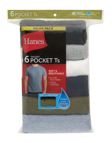 Hanes Men's Cotton Pocket T-Shirt, Moisture-Wicking with Odor Control, Assorted Solids, 6-Pack