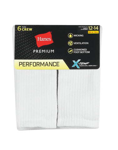 Hanes Performance Men's Cushioned Big & Tall Crew Socks, 6-Pairs