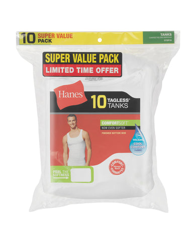 Hanes Men's Cotton Tank Undershirt, Moisture-Wicking, White, 10-Pack