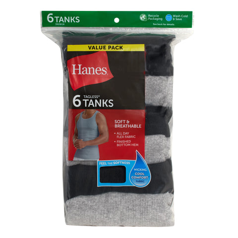 Hanes Men's Cotton Tank Top Undershirt, Black/Grey, 6-Pack
