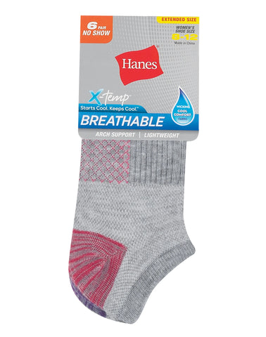 Hanes X-Temp Women's No Show Socks, Extended Sizes, 6-Pairs