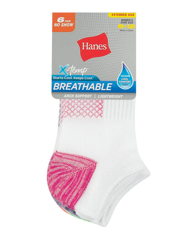 Hanes X-Temp Women's No Show Socks, Extended Sizes, 6-Pairs