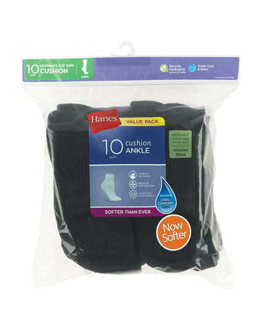 Hanes Women's Athletic Ankle Socks, Full Sole Cushion, Extended Sizes, 10-Pairs