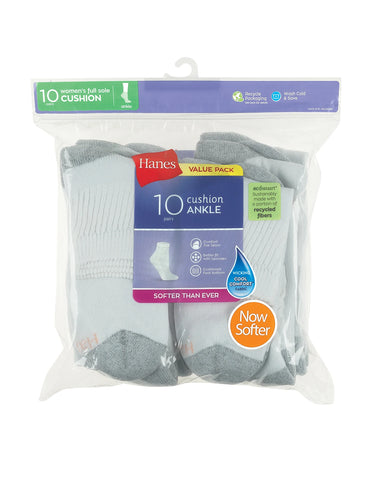 Hanes Women's Athletic Ankle Socks, Full Sole Cushion, Extended Sizes, 10-Pairs