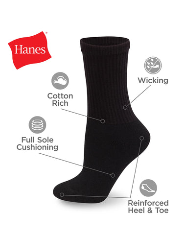 Hanes Women's Athletic Crew Socks, Full Sole Cushion, 10-Pairs