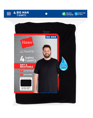 Hanes Ultimate Cotton Big Men’s T-Shirt Pack, Black/Grey, 4-Pack, (Big & Tall Sizes)