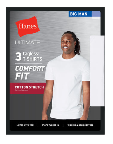 Hanes Ultimate Big Men's White T-Shirt Pack, Stretch Cotton, 3-Pack (Big & Tall Sizes)