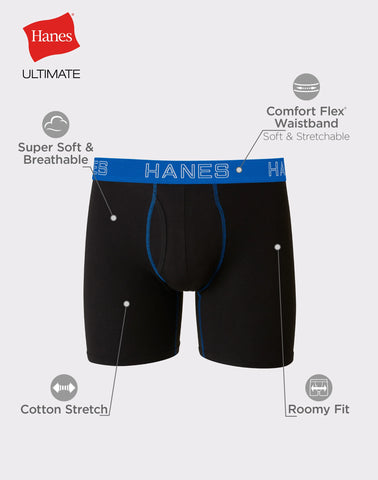Hanes Ultimate Stretch Cotton Big Men’s Boxer Brief Underwear, Black,4-Pack (Big & Tall Sizes)