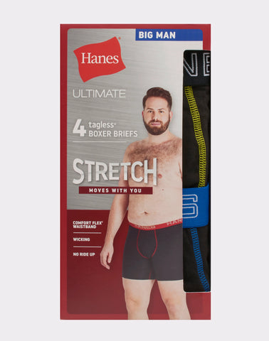 Hanes Ultimate Stretch Cotton Big Men’s Boxer Brief Underwear, Black,4-Pack (Big & Tall Sizes)