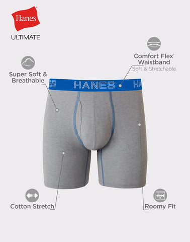 Hanes Ultimate Stretch Cotton Big Men’s Boxer Brief Underwear, Assorted, 4-Pack (Big & Tall Sizes)
