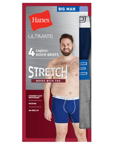 Hanes Ultimate Stretch Cotton Big Men’s Boxer Brief Underwear, Assorted, 4-Pack (Big & Tall Sizes)