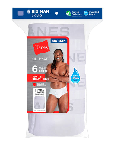 Hanes Ultimate Big Men’s White Cotton Brief Underwear, 6-Pack, (Big & Tall Sizes)