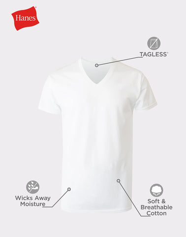 Hanes Men's White V-Neck Undershirt Super Value Pack, Moisture-Wicking Cotton, 10-Pack
