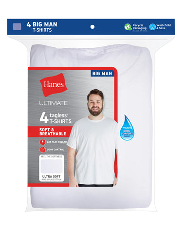 Hanes Ultimate Big Men’s White Undershirt Pack, Cotton, 4-Pack, (Big & Tall Sizes)