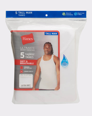 Hanes Ultimate Tall Men’s Tank Top Undershirts Pack, Cotton, 5-Pack, (Big & Tall Sizes)