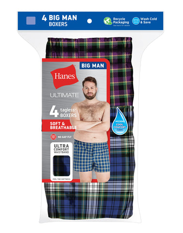 Hanes Ultimate Big Men’s Woven Boxer Underwear, Tartan Prints, 4-Pack, (Big & Tall Sizes)