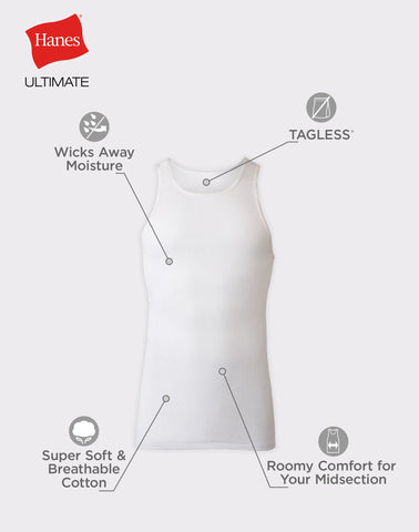 Hanes Ultimate Big Men’s White Tank Top Undershirt Pack, Cotton, 5-Pack, (Big & Tall Sizes)