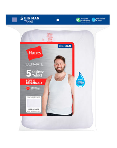 Hanes Ultimate Big Men’s White Tank Top Undershirt Pack, Cotton, 5-Pack, (Big & Tall Sizes)
