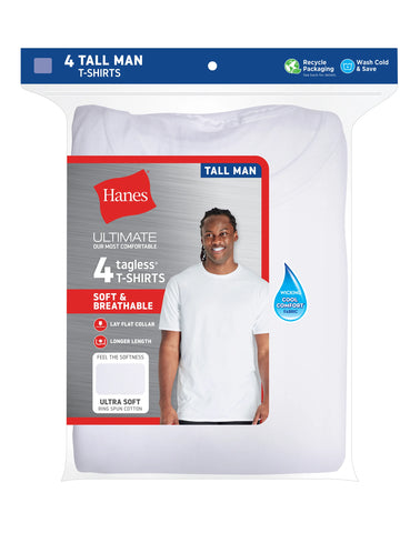 Hanes Ultimate Tall Men’s White Cotton Undershirt, 4-Pack, (Big & Tall Sizes)