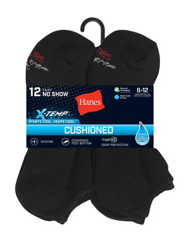Hanes Men's Cushioned No Show Socks, X-Temp, 12-Pairs