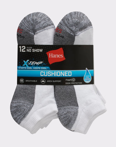 Hanes Men's Cushioned No Show Socks, X-Temp, 12-Pairs