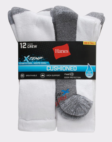 Hanes Men’s Cushioned Crew Socks, X-Temp, 12-Pairs