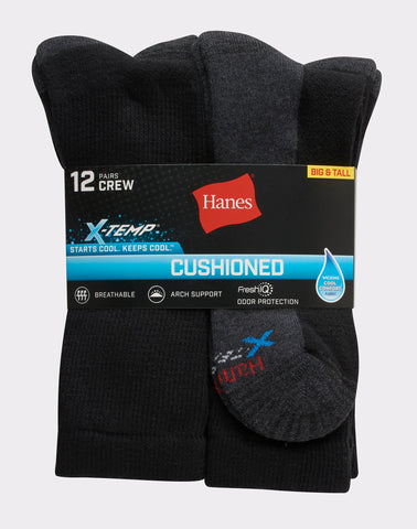 Hanes Men’s Cushioned Crew Socks, X-Temp, 12-Pairs