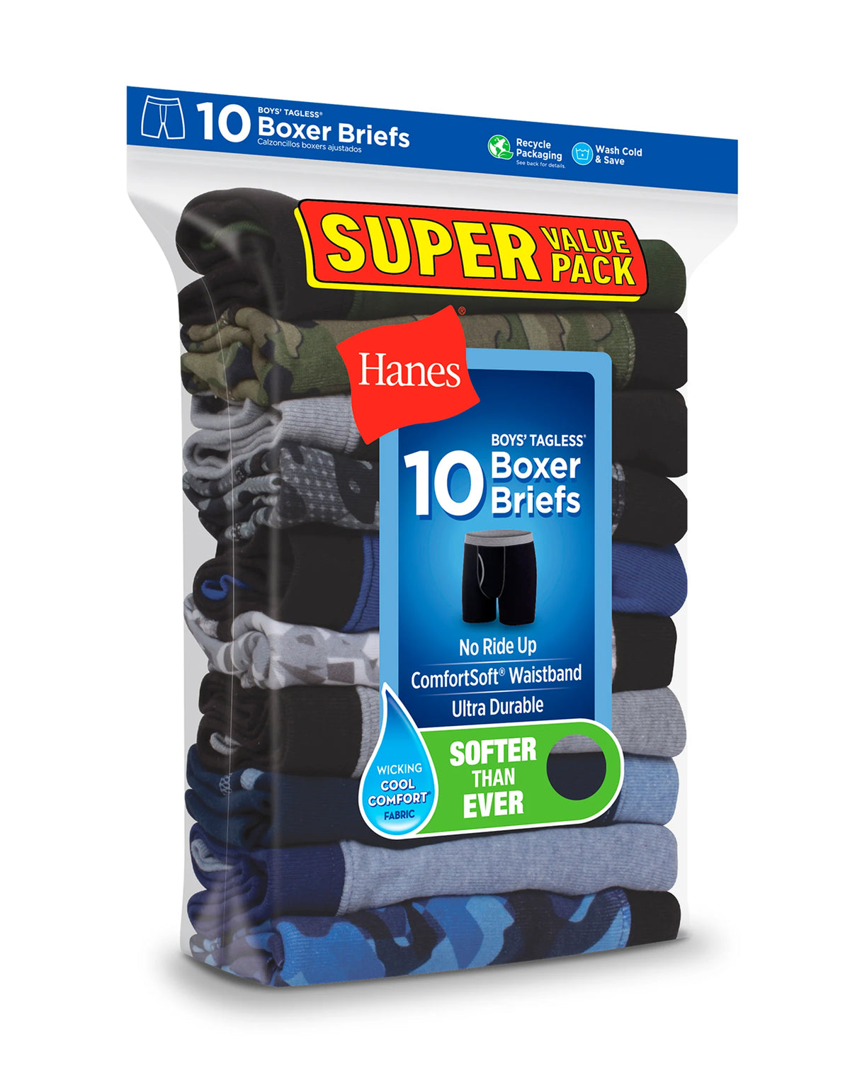 Hanes ComfortSoft Boys' Boxer Brief Super Value Pack, Prints/Solids, 10-Pack