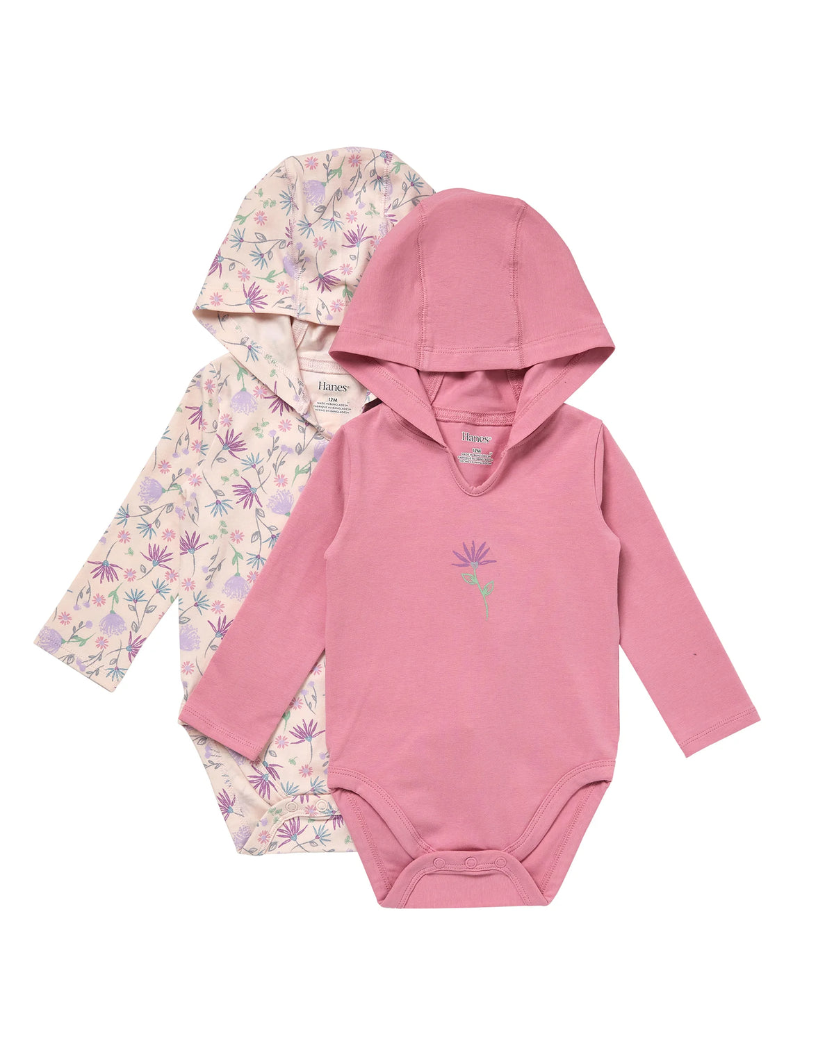 Hanes Pure Comfort Baby Long Sleeve Hooded Bodysuits, Organic Cotton, Boys & Girls, 2-Pack