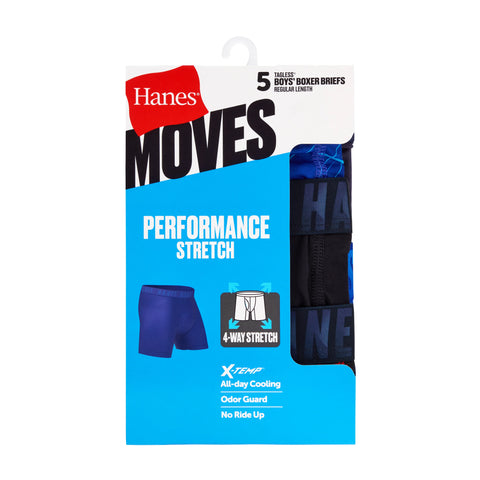 Hanes Moves Boys’ Performance Stretch Boxer Brief Underwear, Assorted Solids/Prints, 5-Pack