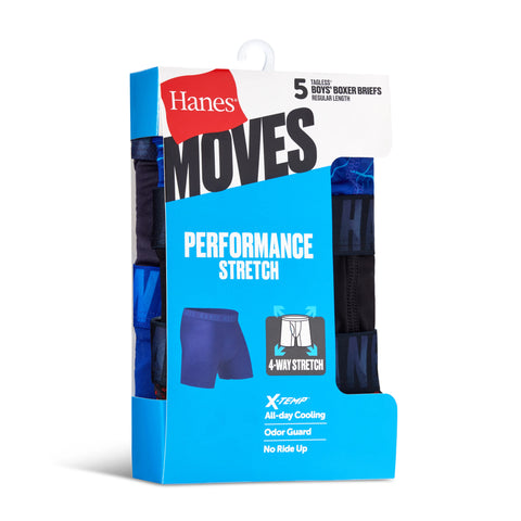 Hanes Moves Boys’ Performance Stretch Boxer Brief Underwear, Assorted Solids/Prints, 5-Pack