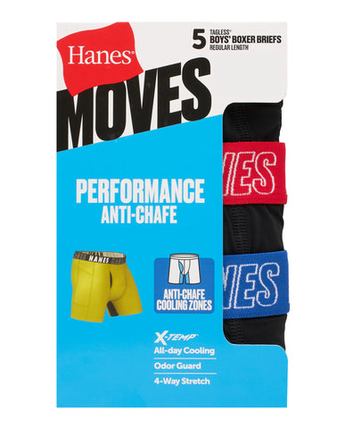 Hanes Moves Boys' Anti-Chafe Boxer Brief Underwear, Black, 5-Pack