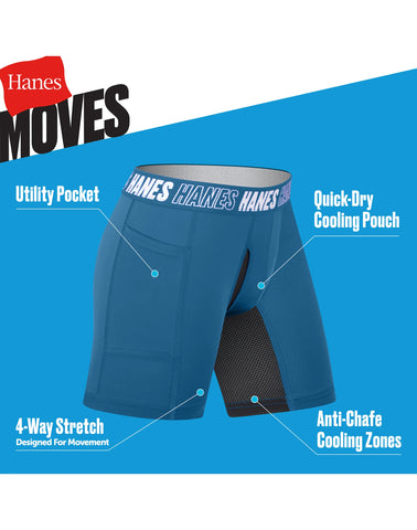 Hanes Moves Boys' Anti-Chafe Long Leg Boxer Brief Underwear, Black/Grey/Blue/Ocean, 5-Pack