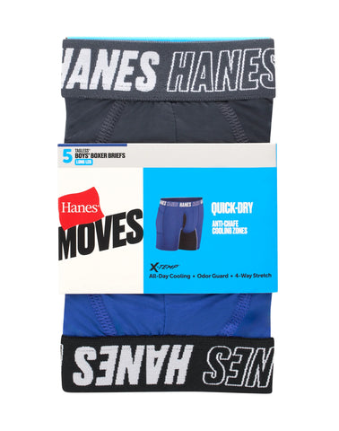 Hanes Moves Boys' Anti-Chafe Long Leg Boxer Brief Underwear, Black/Grey/Blue/Ocean, 5-Pack