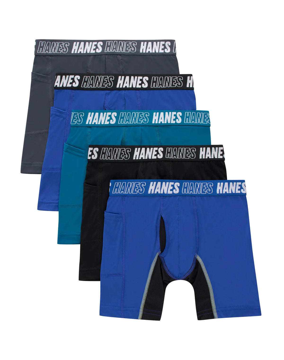 Hanes Moves Boys' Anti-Chafe Long Leg Boxer Brief Underwear, Black/Grey/Blue/Ocean, 5-Pack