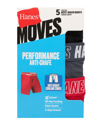 Hanes Moves Boys' Anti-Chafe Long Leg Boxer Brief Underwear, Black/Grey/Red/Ocean, 5-Pack