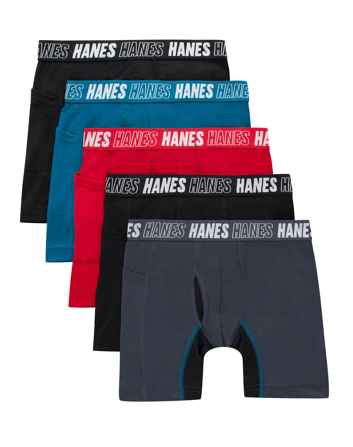Hanes Moves Boys' Anti-Chafe Long Leg Boxer Brief Underwear, Black/Grey/Red/Ocean, 5-Pack