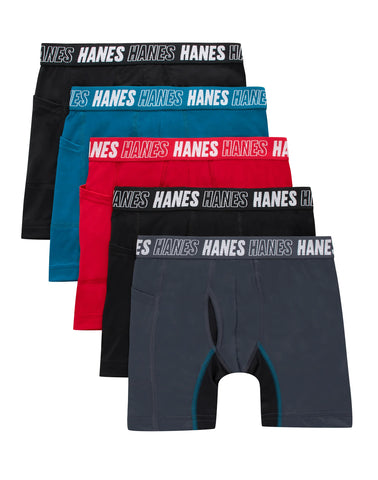 Hanes Moves Boys' Anti-Chafe Long Leg Boxer Brief Underwear, Black/Grey/Red/Ocean, 5-Pack